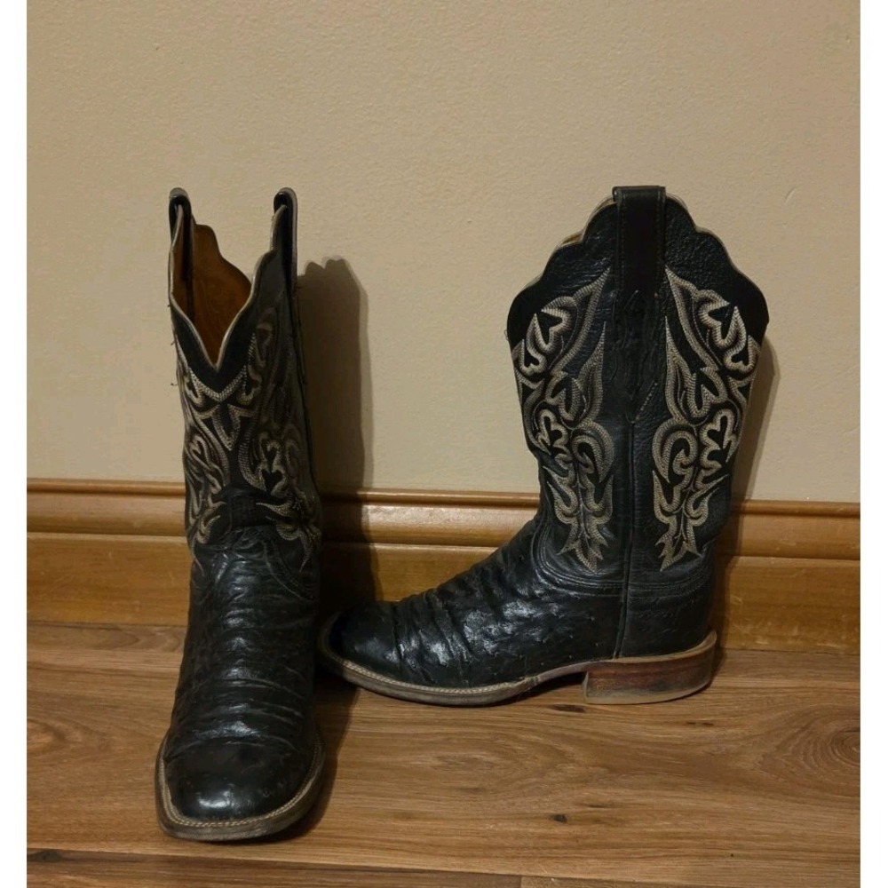 Vtg Lucchese 2000 Black  Ostrich Boots Square Toe T5761 Women's 7 B  W/ Bag